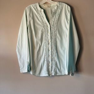 Ladies Orvis Cotton  Stripe L/S Button Up Ruffles 10 Pale Green White.